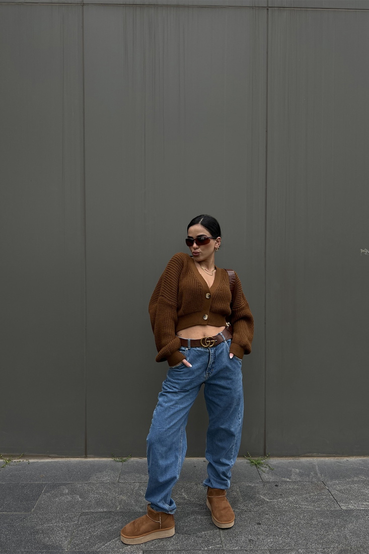 Kahverengi Önü Düğmeli Triko Hırka ATE2630 - EYYO