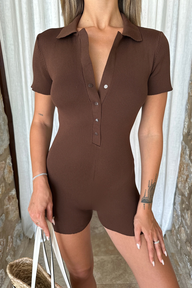 Kahverengi Önü Düğmeli Tulum ATE7225 - EYYO