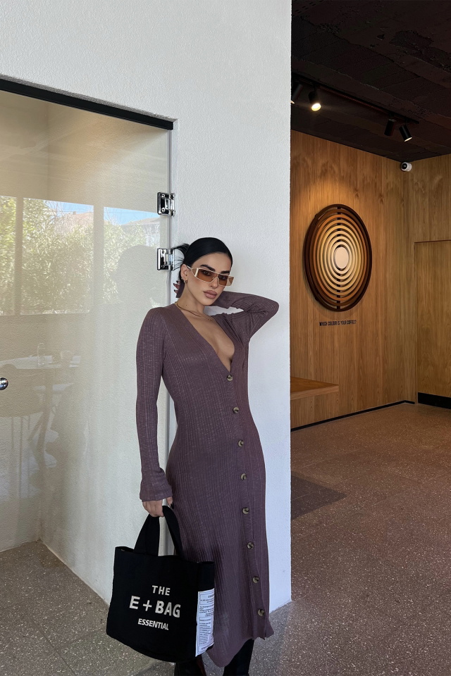 Kahverengi Önü Düğmeli Uzun Elbise ATE4018 - 4