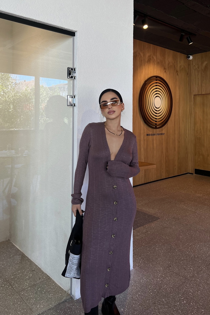 Kahverengi Önü Düğmeli Uzun Elbise ATE4018 - EYYO