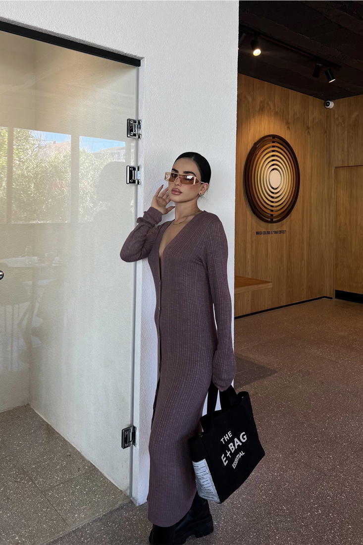 Kahverengi Önü Düğmeli Uzun Elbise ATE4018 - EYYO