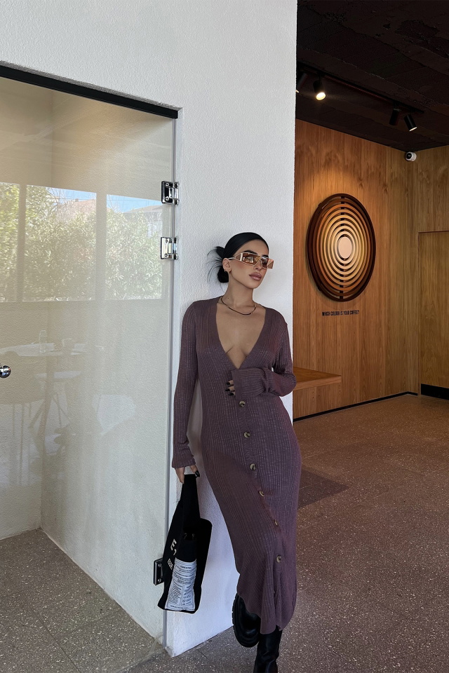 Kahverengi Önü Düğmeli Uzun Elbise ATE4018 - 5