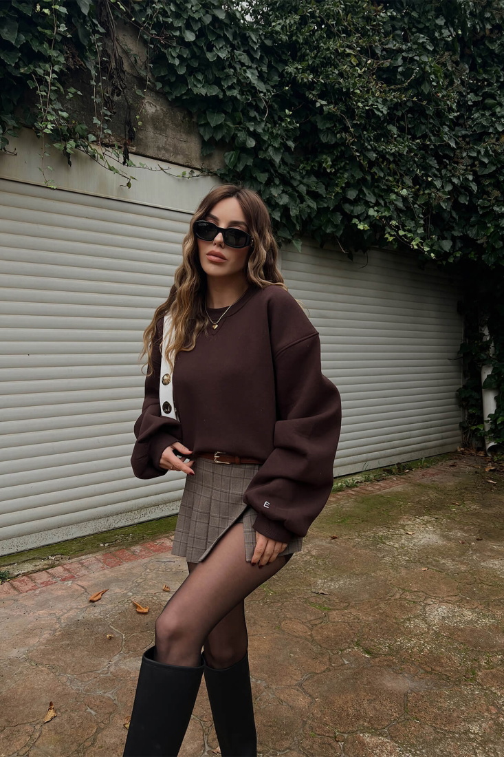 Kahverengi Oversize Basic Sweat ATE3118 - EYYO