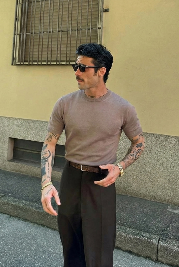 Kahverengi Triko Basic Tişört ATE-3068 - EYYO