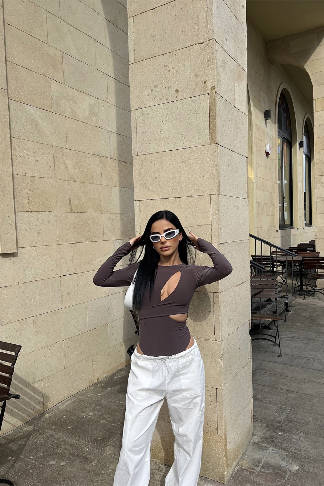 Kahverengi Pencere Detay Bodysuit ATE4555 