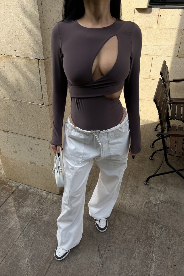 Kahverengi Pencere Detay Bodysuit ATE4555 - 2