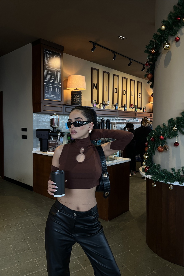 Kahverengi Pencere Detay Crop Top ATE2935 - EYYO