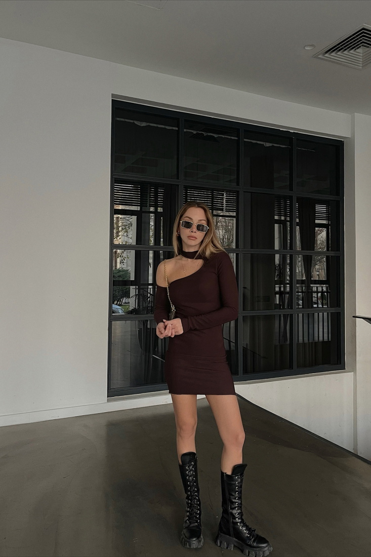 Kahverengi Pencere Detay Fitilli Mini Elbise ATE3311 - EYYO