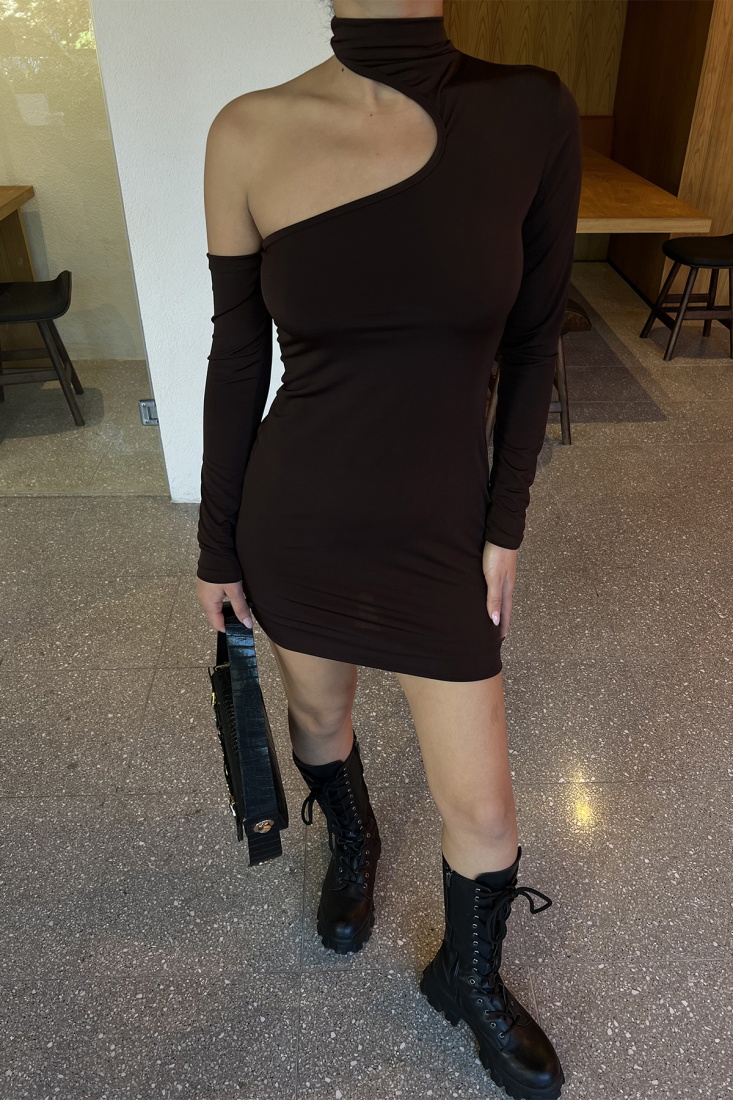 Kahverengi Pencere Detay Mini Elbise ATE3180 - EYYO