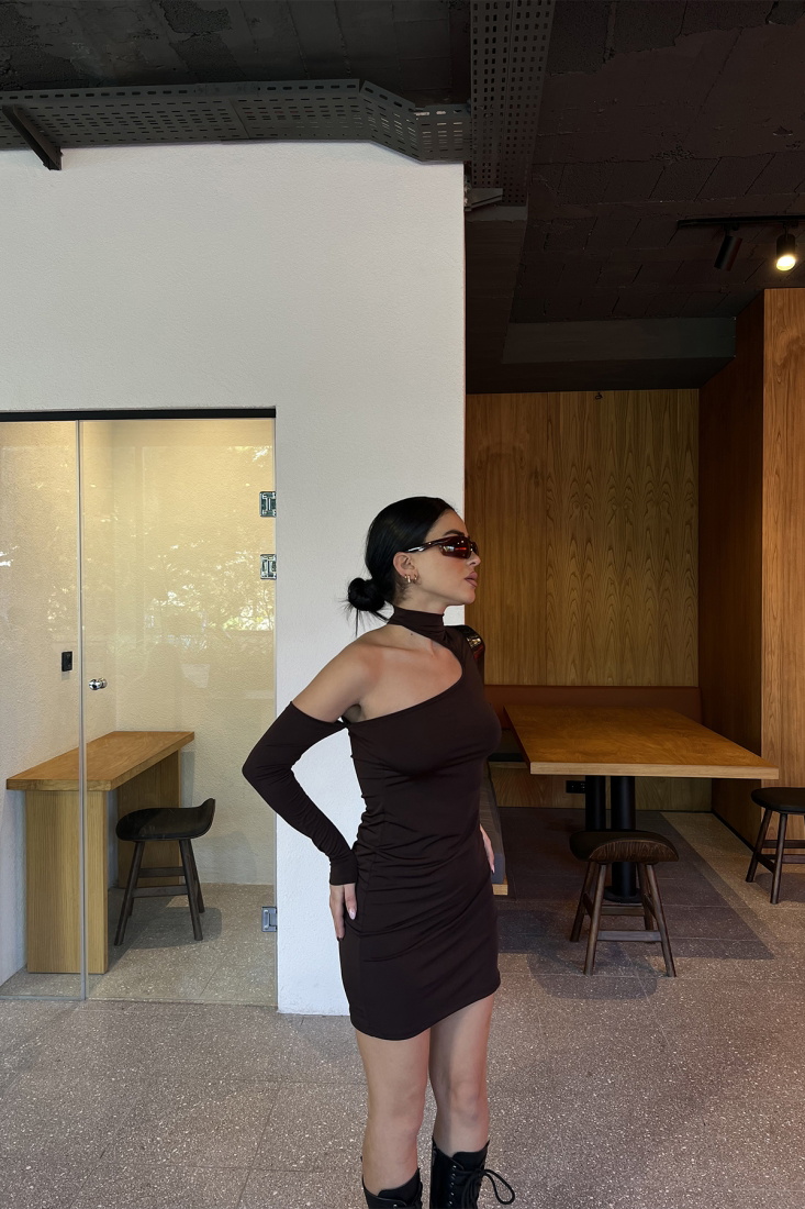 Kahverengi Pencere Detay Mini Elbise ATE3180 - EYYO