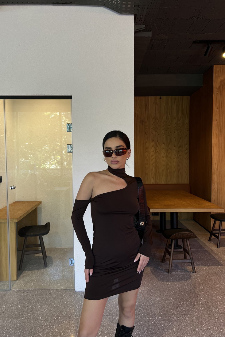 Kahverengi Pencere Detay Mini Elbise ATE3180 - EYYO