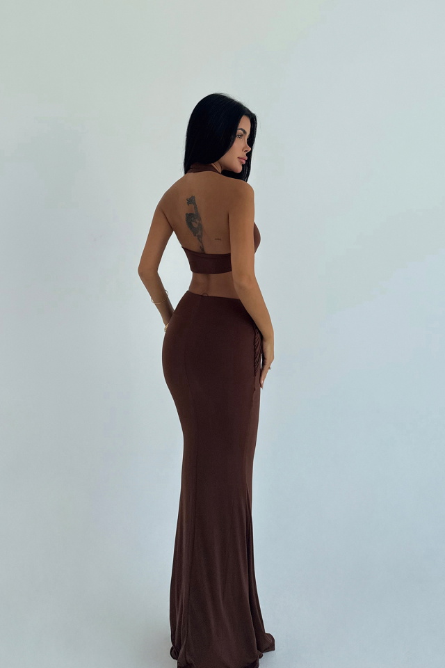 Kahverengi Pencere Detay Uzun Elbise ATE-3493 - 2