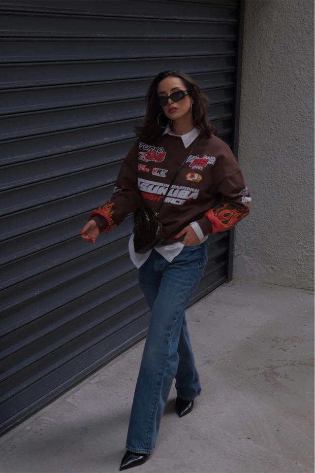 Kahverengi Racing Baskılı Sweatshirt ATE2663 - 3