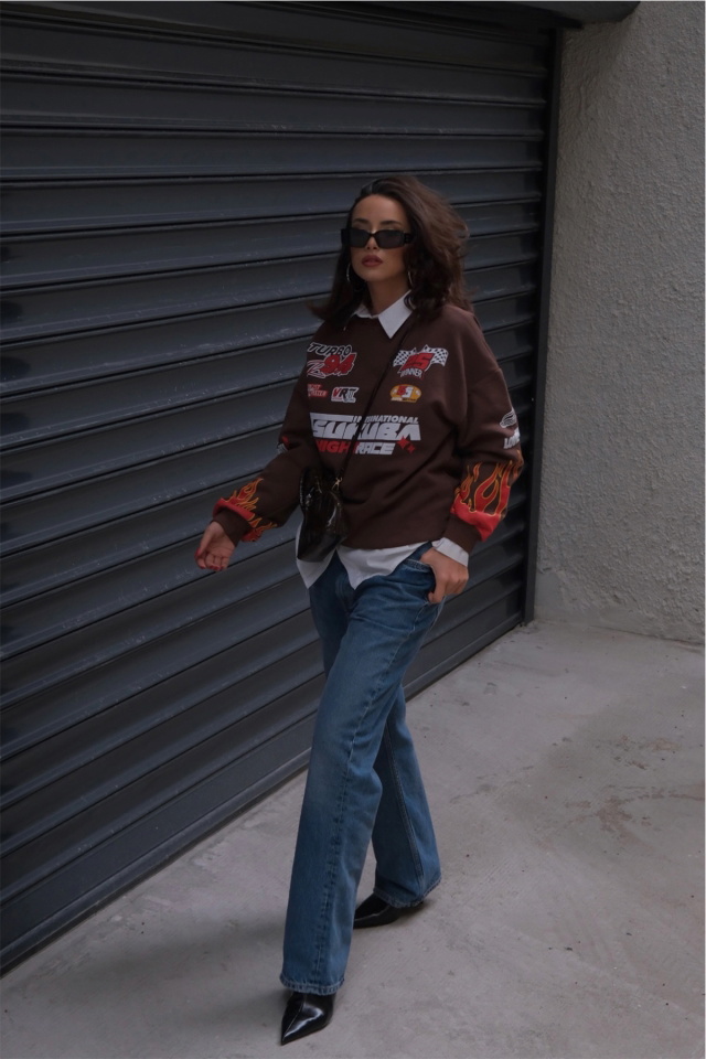 Kahverengi Racing Baskılı Sweatshirt ATE2663 - 5