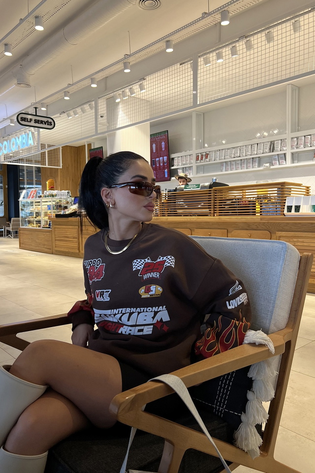 Kahverengi Racing Baskılı Sweatshirt ATE2951 - 4