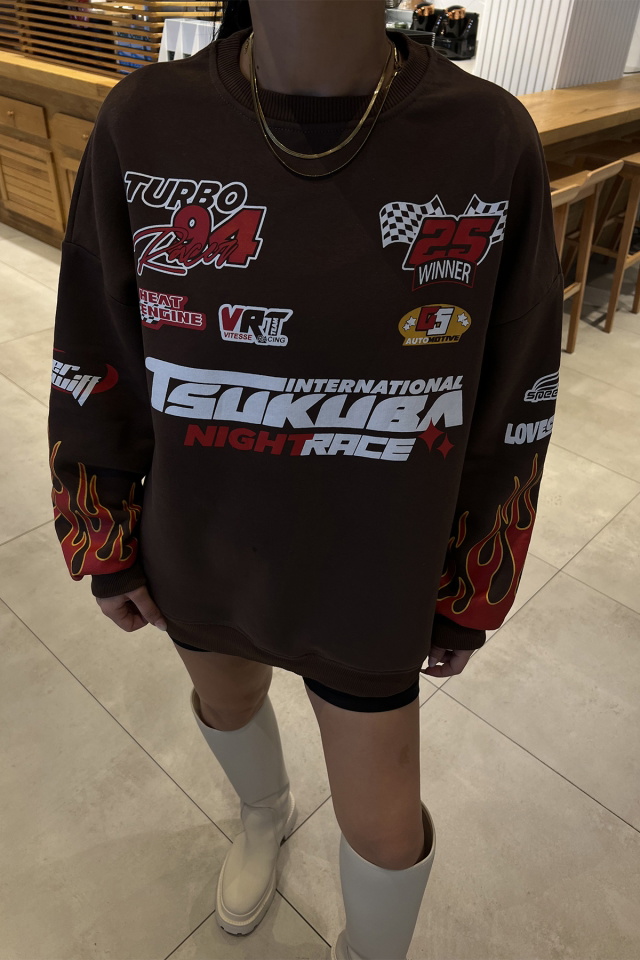 Kahverengi Racing Baskılı Sweatshirt ATE2951 - 2