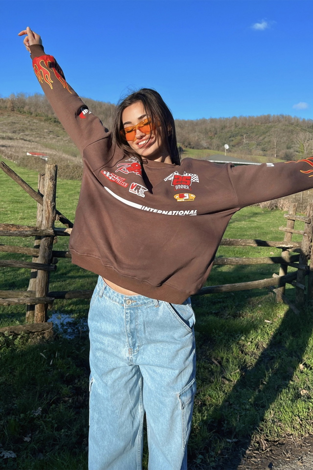 Kahverengi Racing Baskılı Sweatshirt ATE2951 - 7