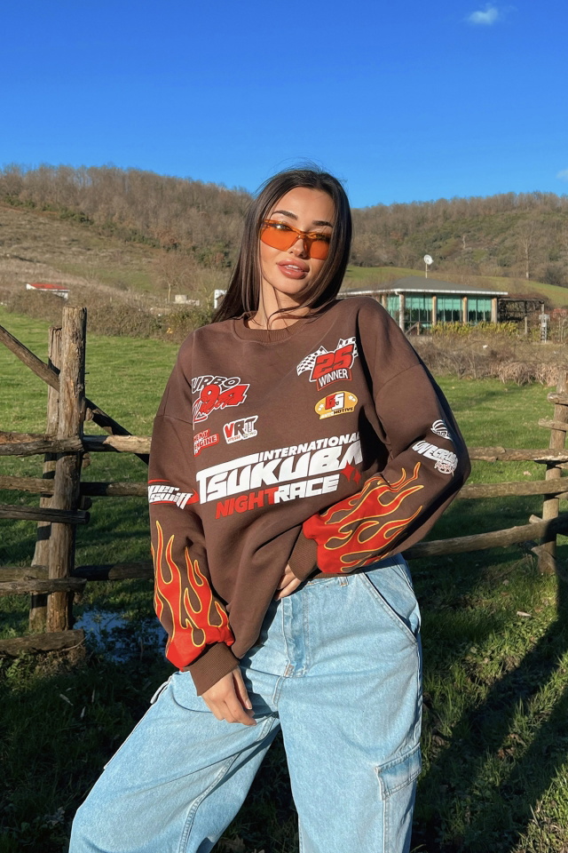 Kahverengi Racing Baskılı Sweatshirt ATE2951 - 6