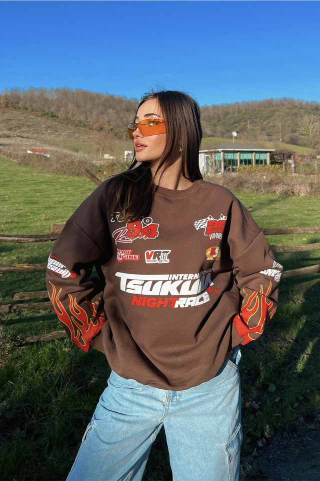 Kahverengi Racing Baskılı Sweatshirt ATE2951 - 9