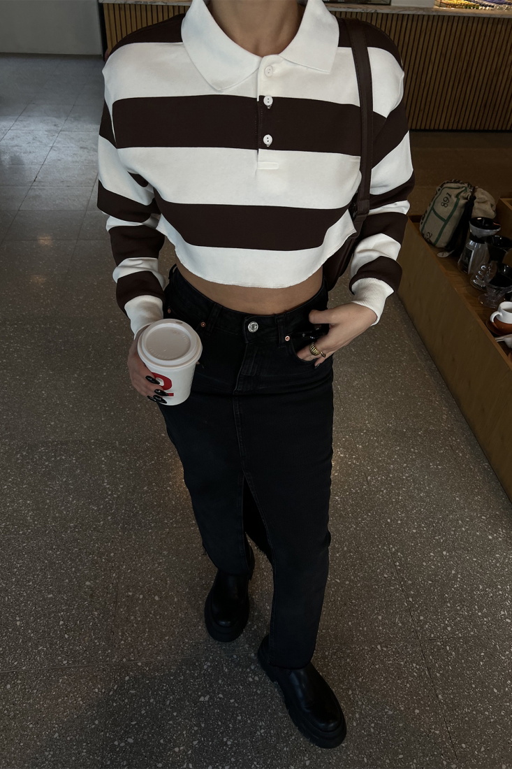 Kahverengi Şerit Detay Crop Top ATE4002 - EYYO