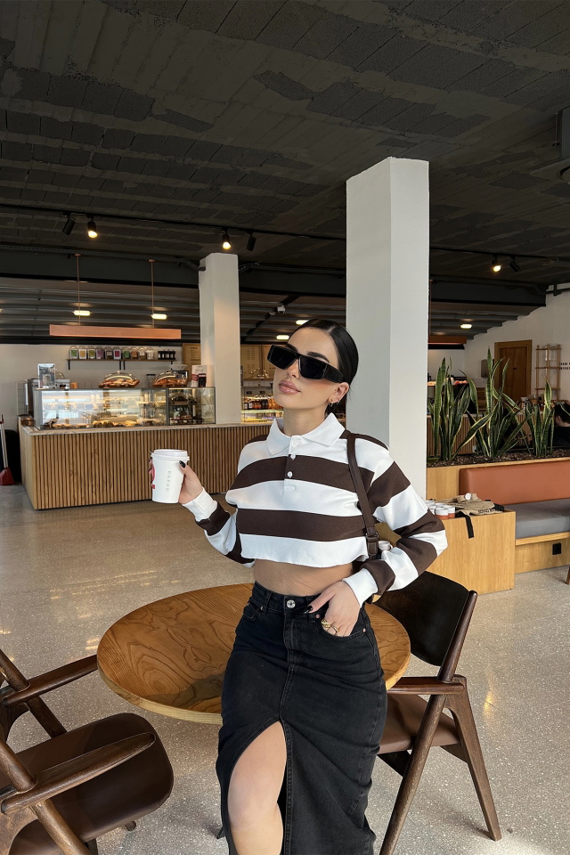Kahverengi Şerit Detay Crop Top ATE4002 - 4