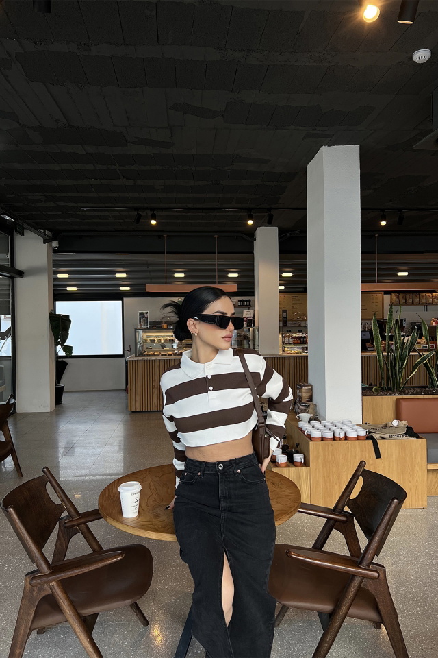 Kahverengi Şerit Detay Crop Top ATE4002 - 5