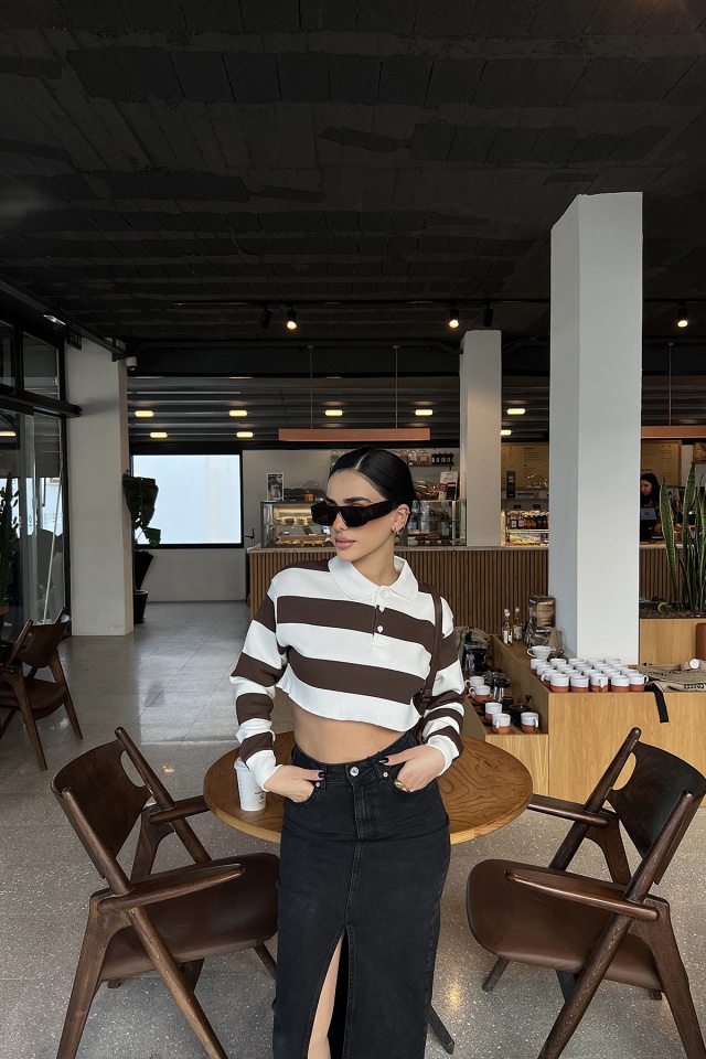 Kahverengi Şerit Detay Crop Top ATE4002 -