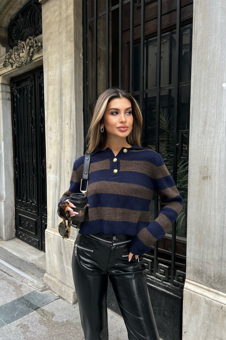 Kahverengi Şerit Detay Crop Top ATE4217 - EYYO