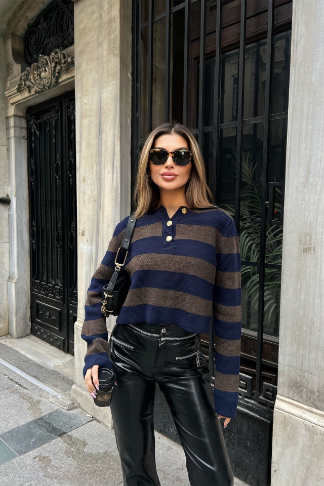 Kahverengi Şerit Detay Crop Top ATE4217 - 3