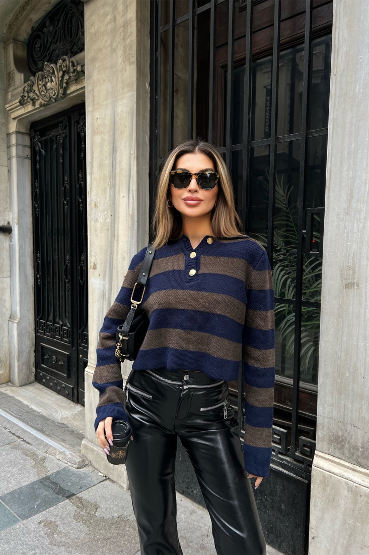 Kahverengi Şerit Detay Crop Top ATE4217 - EYYO