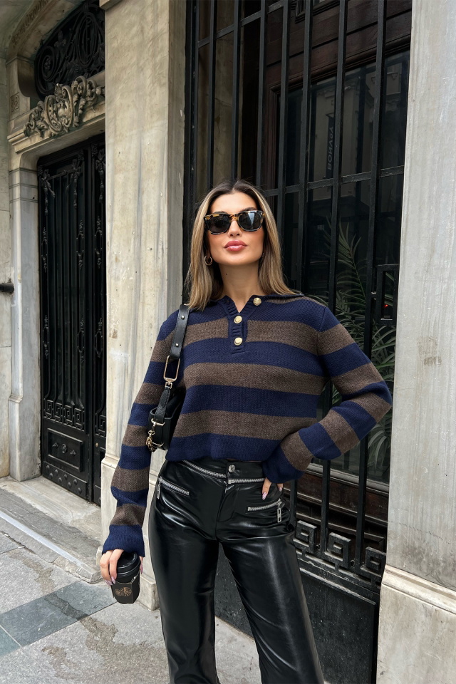 Kahverengi Şerit Detay Crop Top ATE4217 - 4