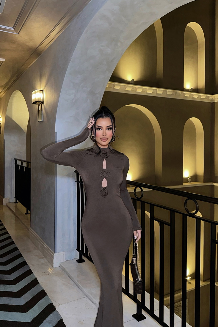 Kahverengi Sırt Detay Güllü Elbise ATE-0597 - EYYO