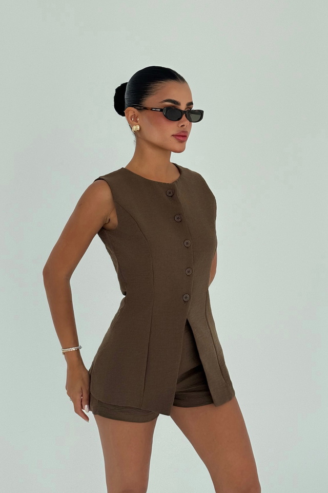 Kahverengi Loutra Mini Şortlu Takım ATE-3004 - 2