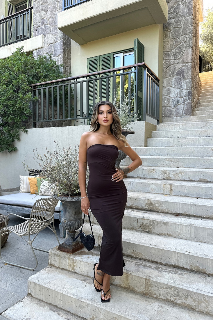 Kahverengi Straplez Uzun Elbise ATE7392 - EYYO