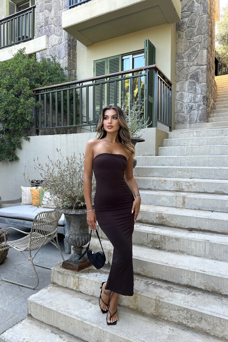 Kahverengi Straplez Uzun Elbise ATE7392 - EYYO