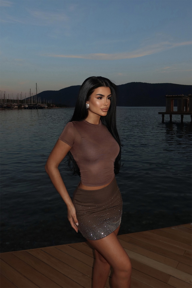 Kahverengi Sisu Mini Taşlı Etek ATE-2595 - 1