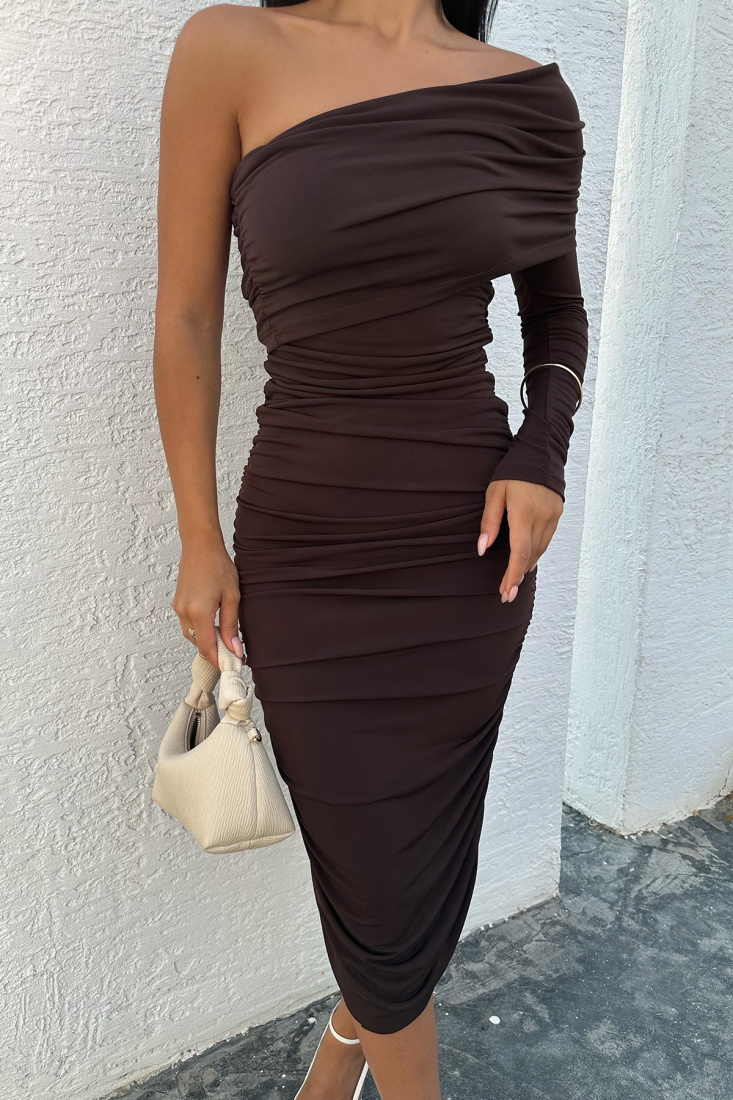 Kahverengi Tek Kol Midi Elbise ATE8439 - EYYO