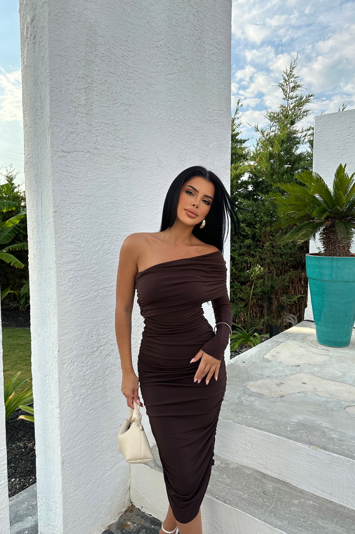 Kahverengi Tek Kol Midi Elbise ATE8439 - EYYO