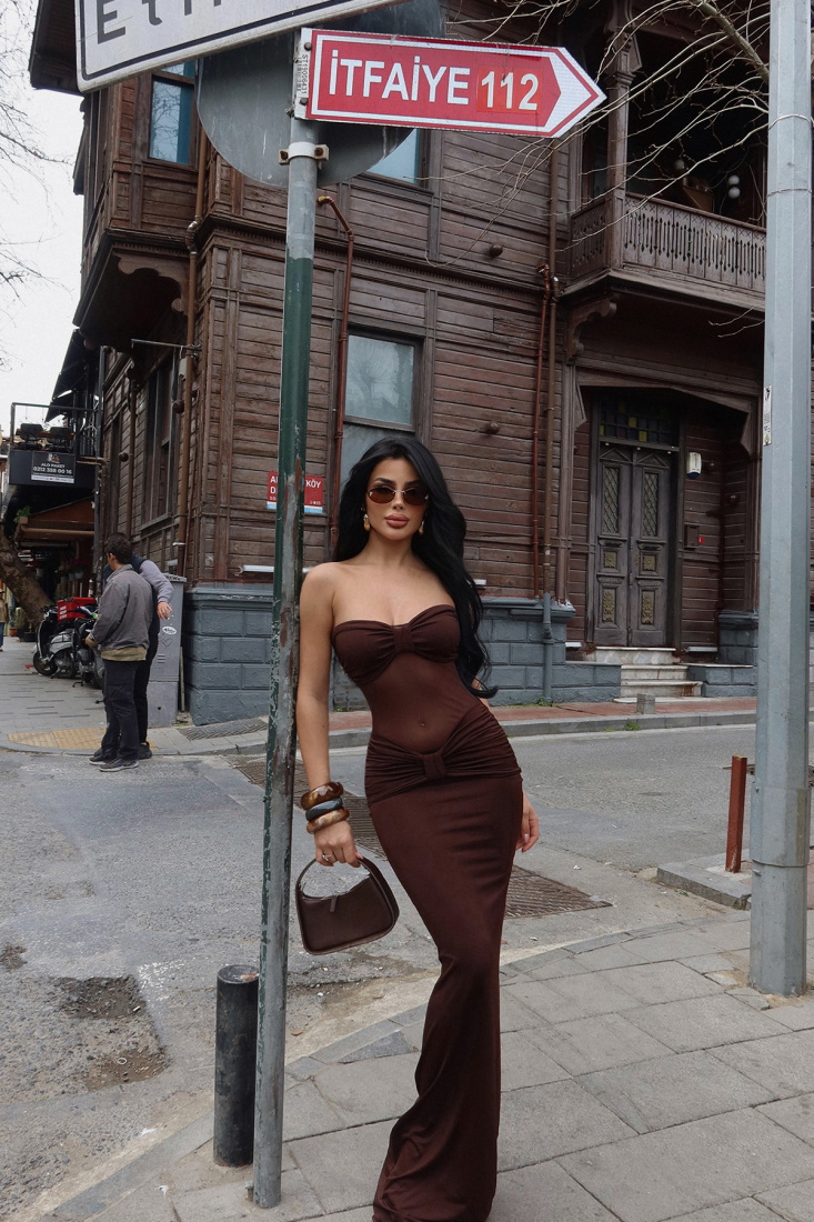 Kahverengi Lidia Uzun Elbise ATE-2503 - EYYO