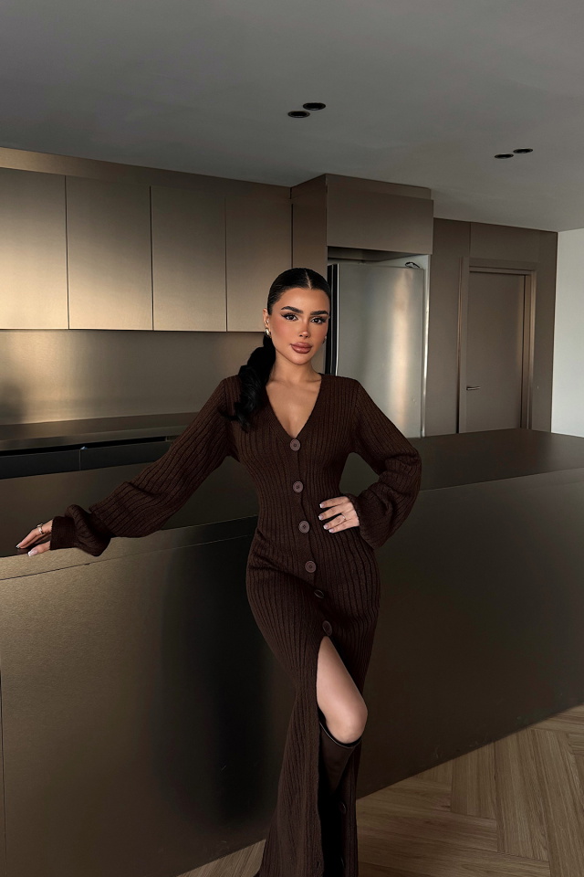 Kahverengi Ophelie Triko Elbise ATE-4886 - 2