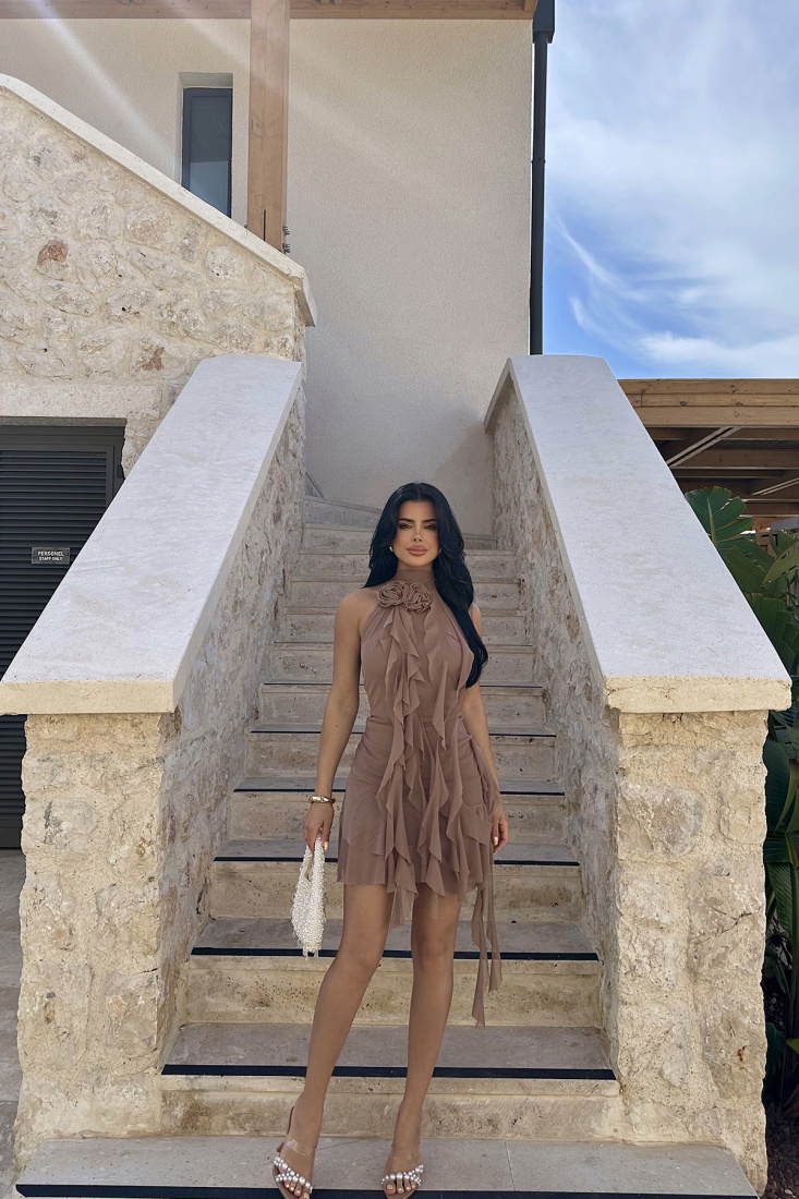 Kahverengi Polina Fırfırlı Elbise ATE-1000 - EYYO