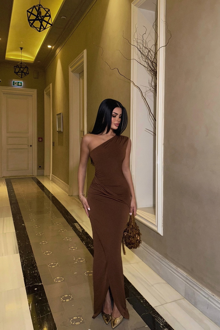 Kahverengi Eldoris Straplez Elbise ATE-1555 - EYYO