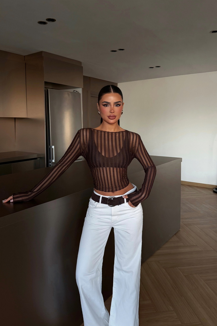 Kahverengi Joaniey Transparan Bluz ATE-4748 - EYYO