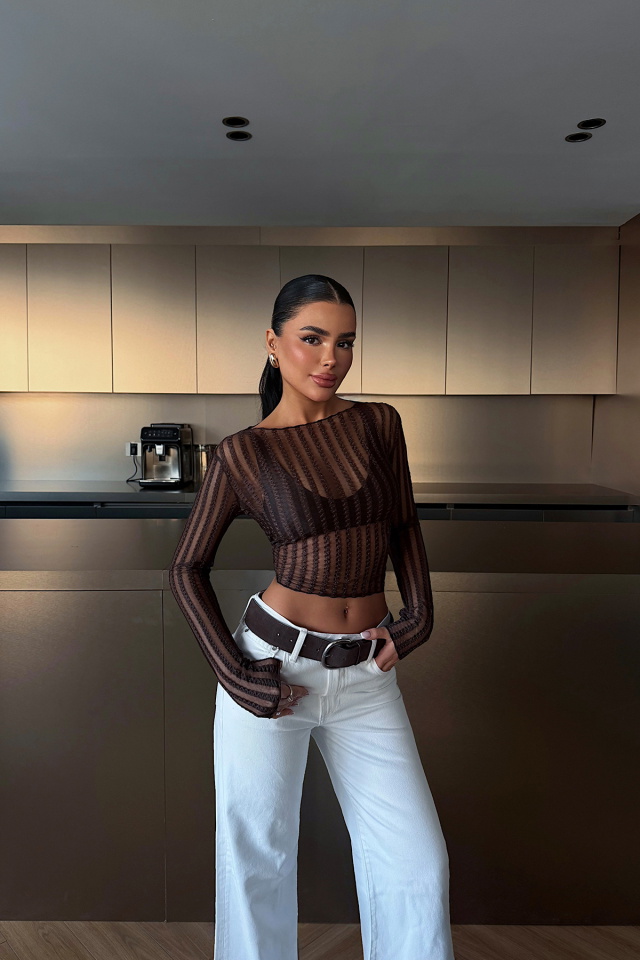 Kahverengi Joaniey Transparan Bluz ATE-4748 - 2