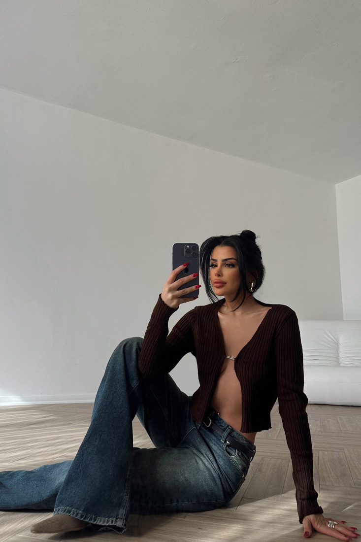 Kahverengi Uzun Kol Crop Top ATE-0826 - EYYO