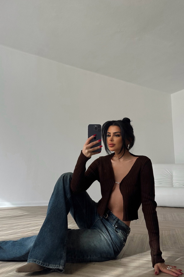Kahverengi Uzun Kol Crop Top