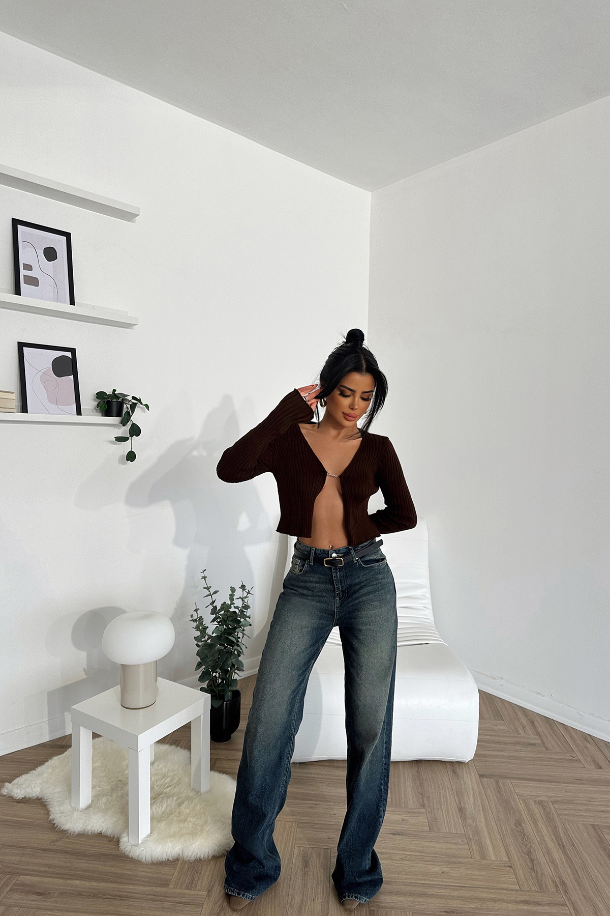 Kahverengi Uzun Kol Crop Top - 3
