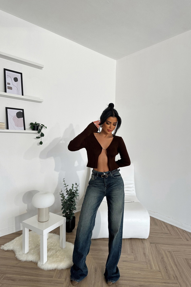 Kahverengi Uzun Kol Crop Top