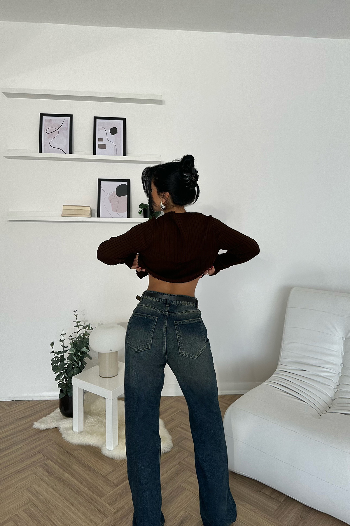 Kahverengi Uzun Kol Crop Top - 5
