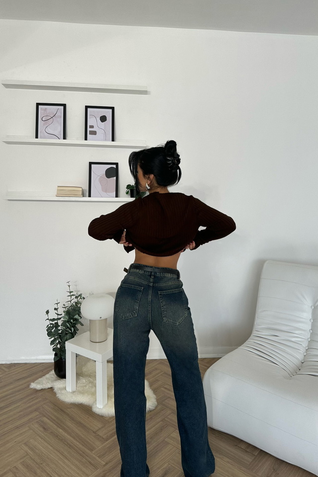 Kahverengi Uzun Kol Crop Top
